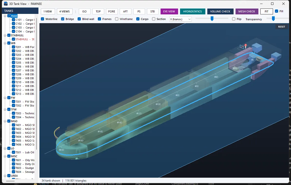 3D tank view of the hull with the waterline plane and tank tree
